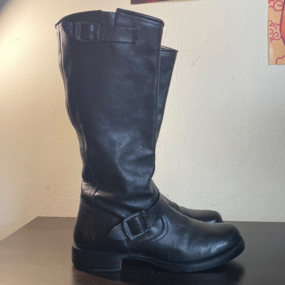 Frye Women Size 9 Black Leather Biker Riding Tall Boots Buckles